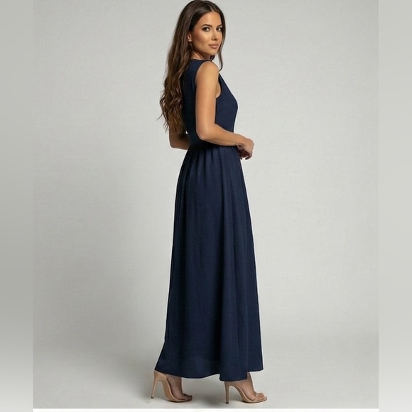 Gathered-Waist A-Line Maxi Dress With Pockets Blue - Picture 4 of 7